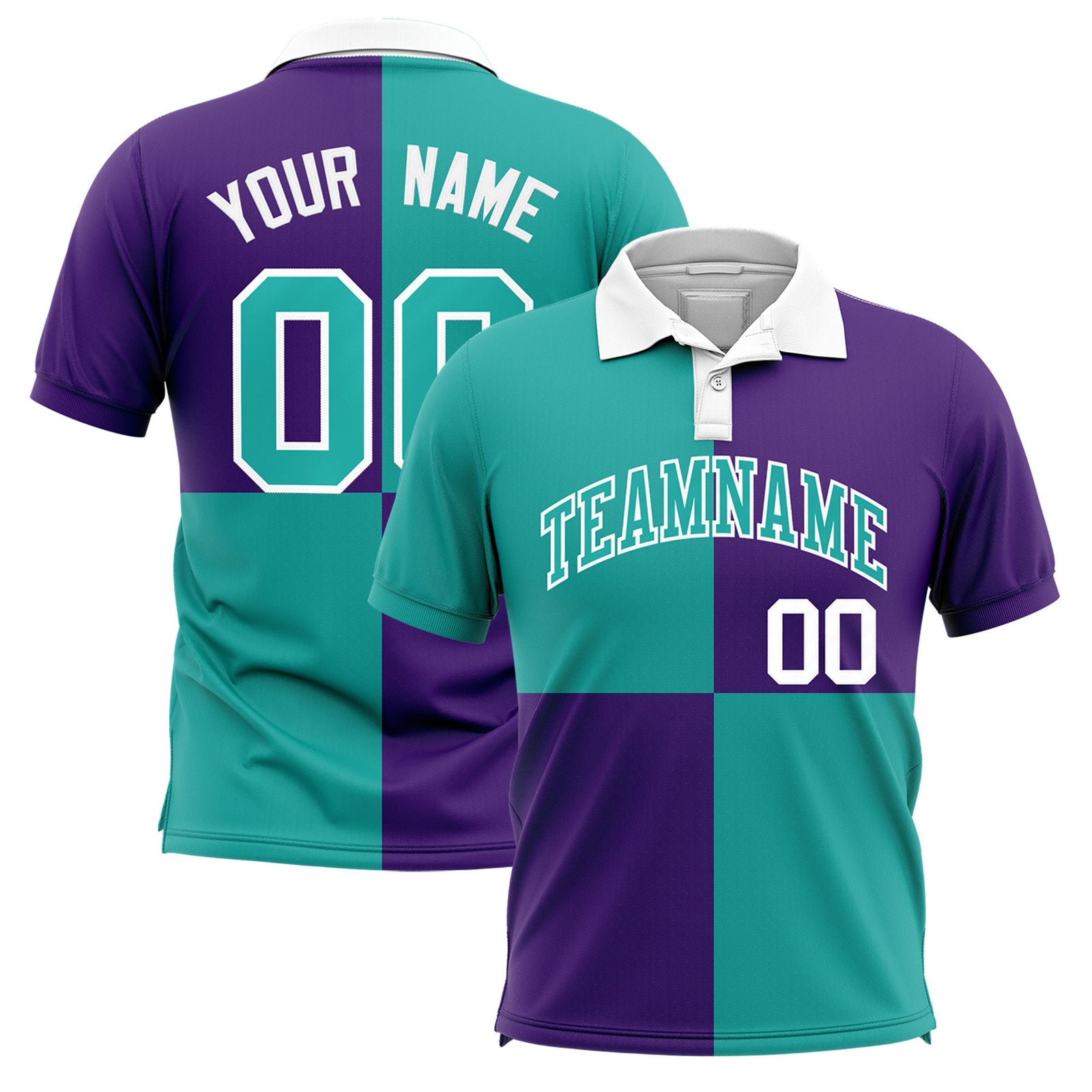 Custom Aqua Purple Four Squares Design Performance Polo Shirt