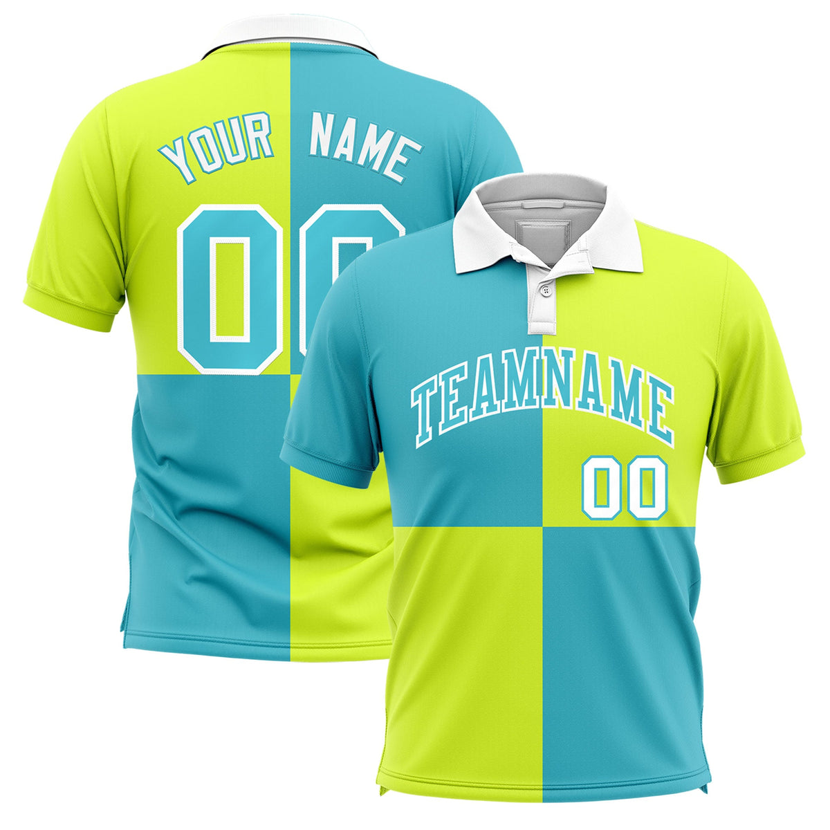 Custom Sky Blue Fluorescent Green Four Squares Design Performance Polo Shirt
