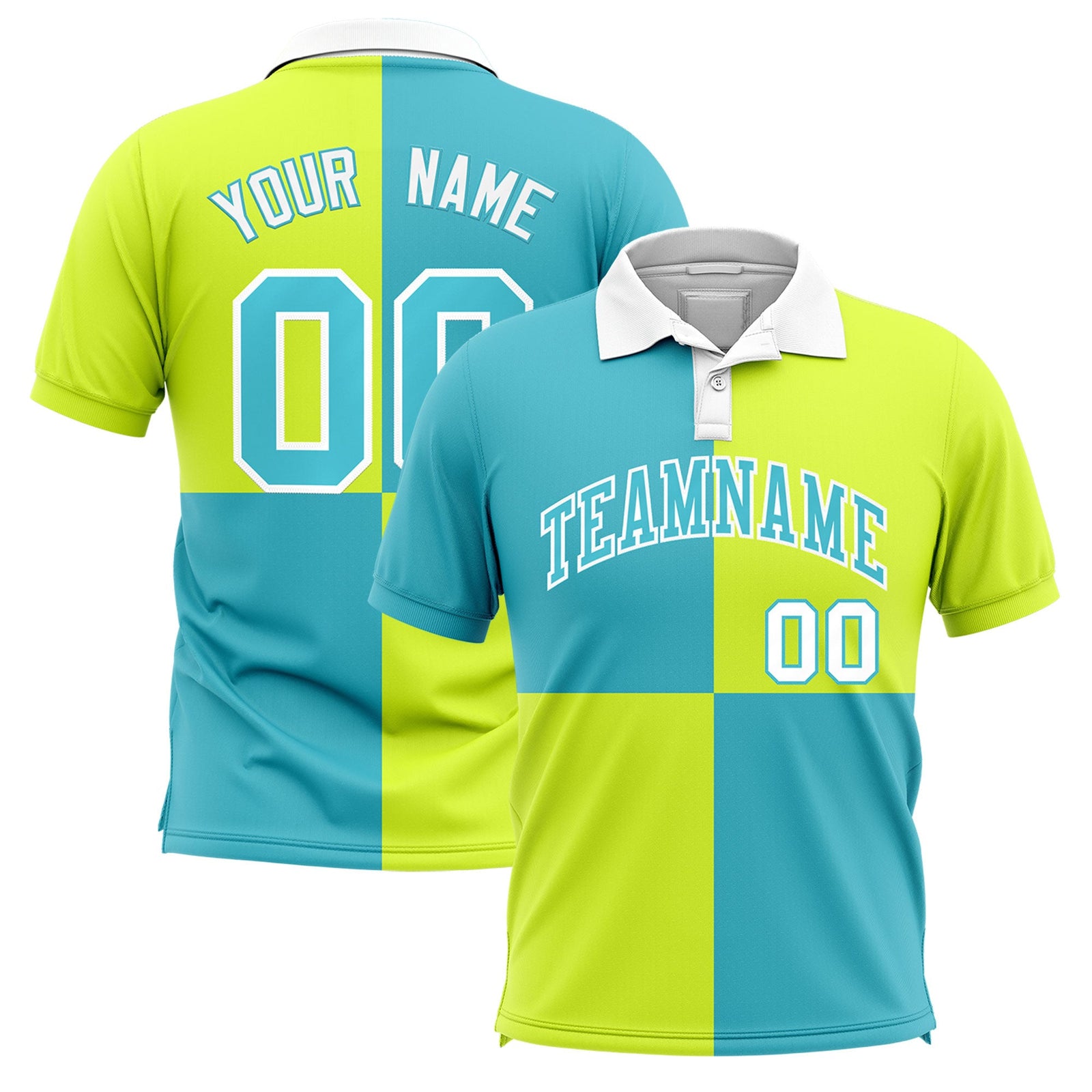 Custom Sky Blue Fluorescent Green Four Squares Design Performance Polo Shirt