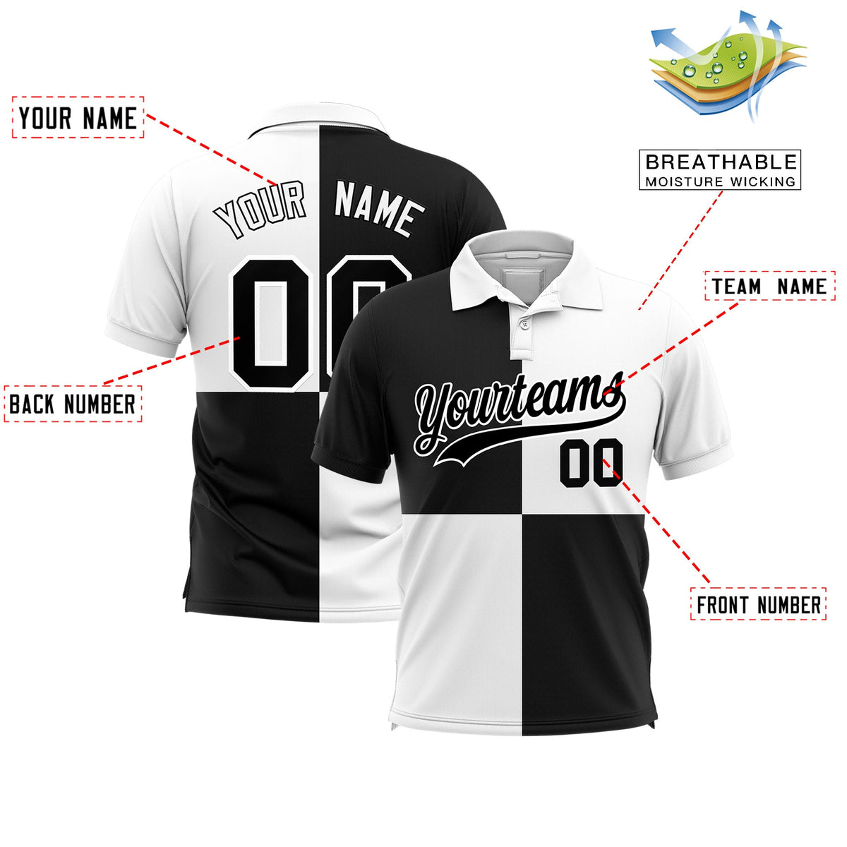 Custom White Black Four Squares Design Performance Polo Shirt