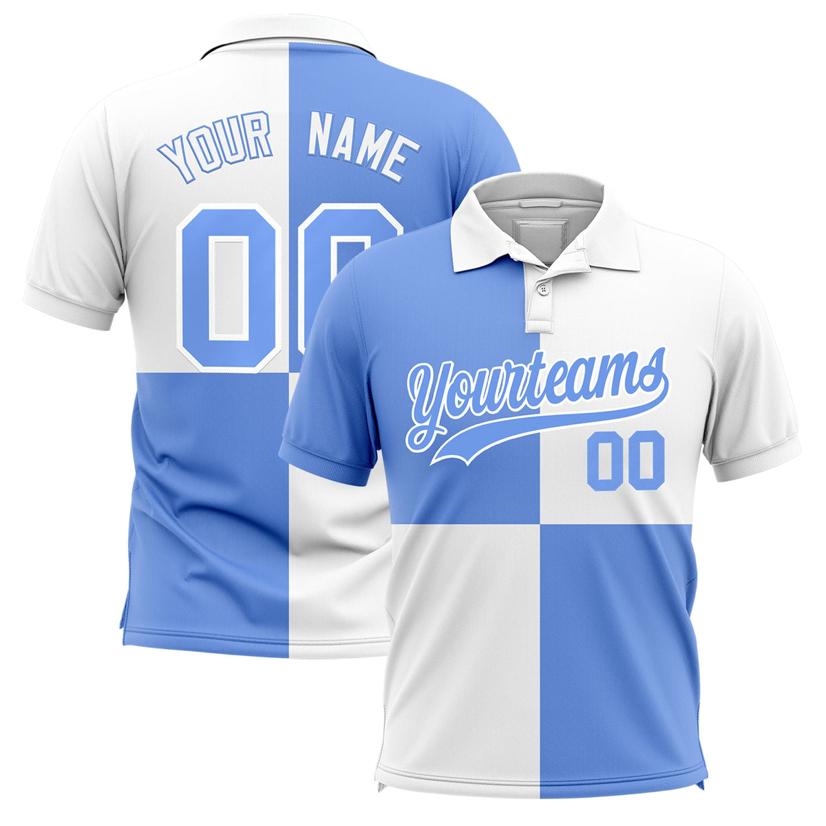 Custom Light Blue White Four Squares Design Performance Polo Shirt