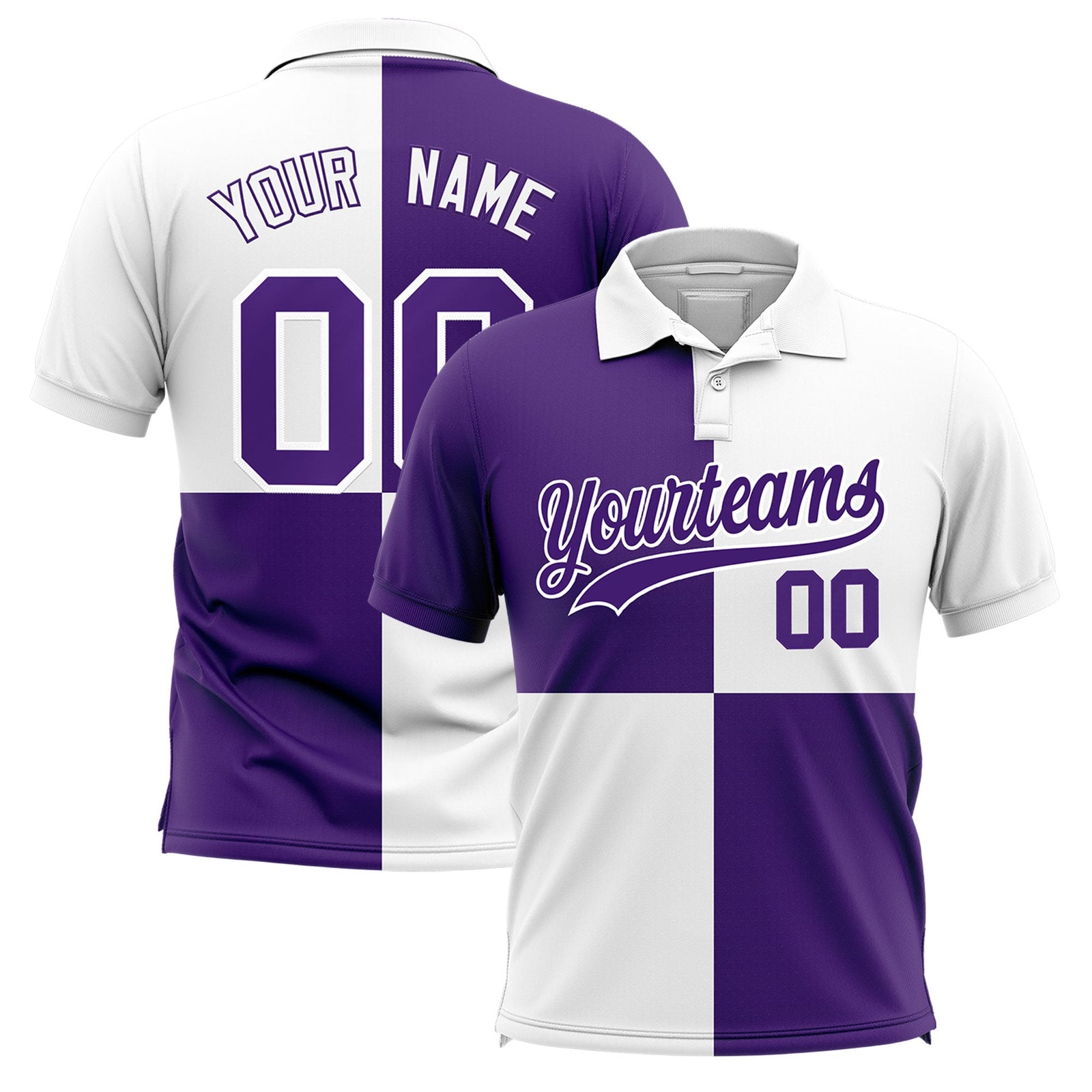 Custom Purple White Four Squares Design Performance Polo Shirt