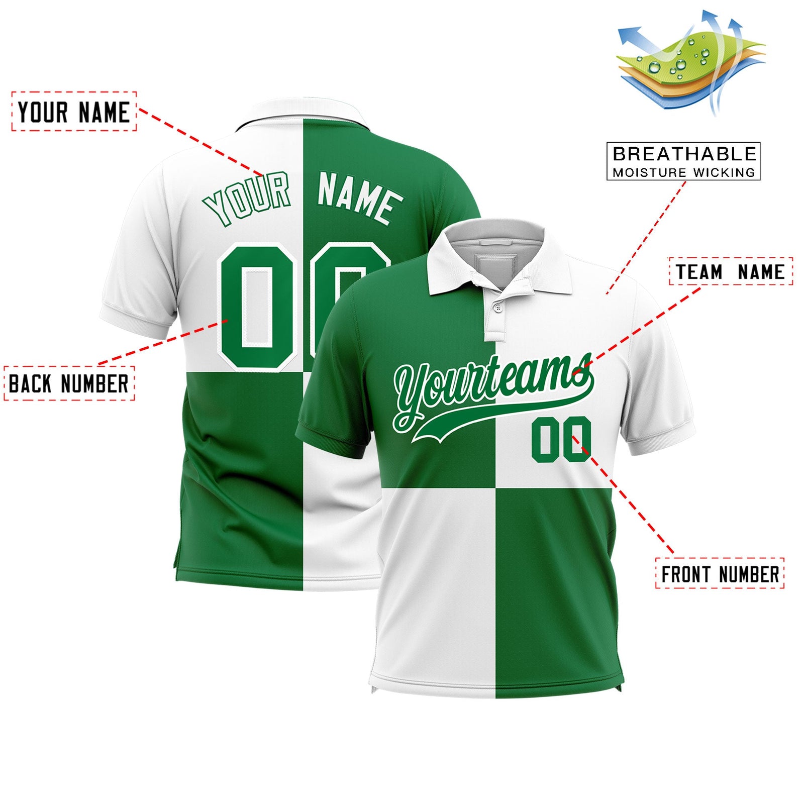 Custom Kelly Green White Four Squares Design Performance Polo Shirt