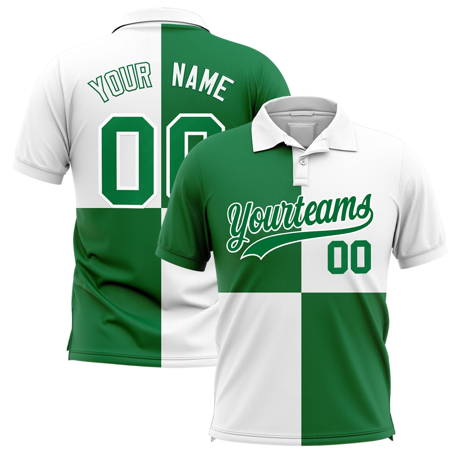 Custom Kelly Green White Four Squares Design Performance Polo Shirt