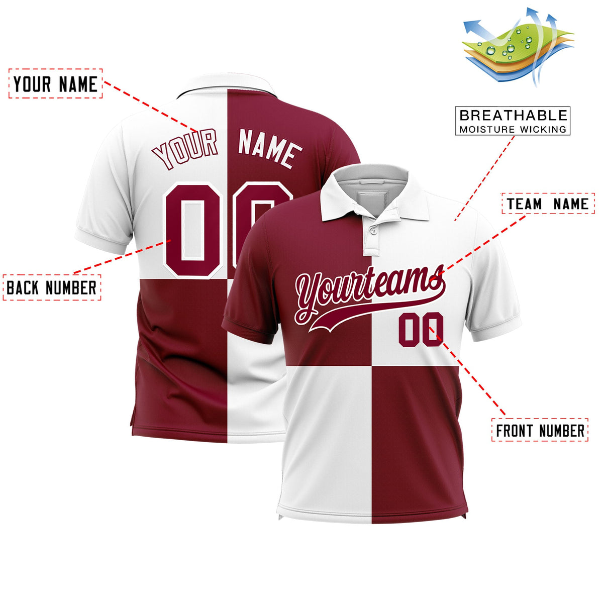 Custom Crimson White Four Squares Design Performance Polo Shirt