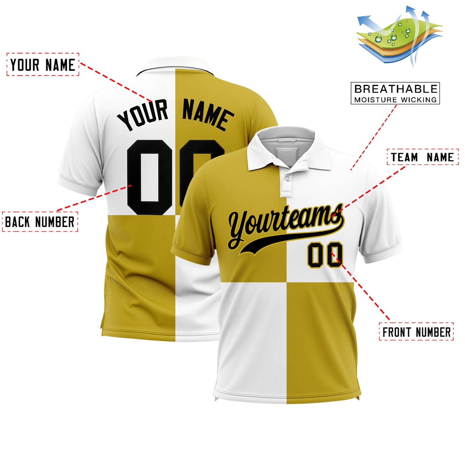 Custom Old Gold White Four Squares Design Performance Polo Shirt