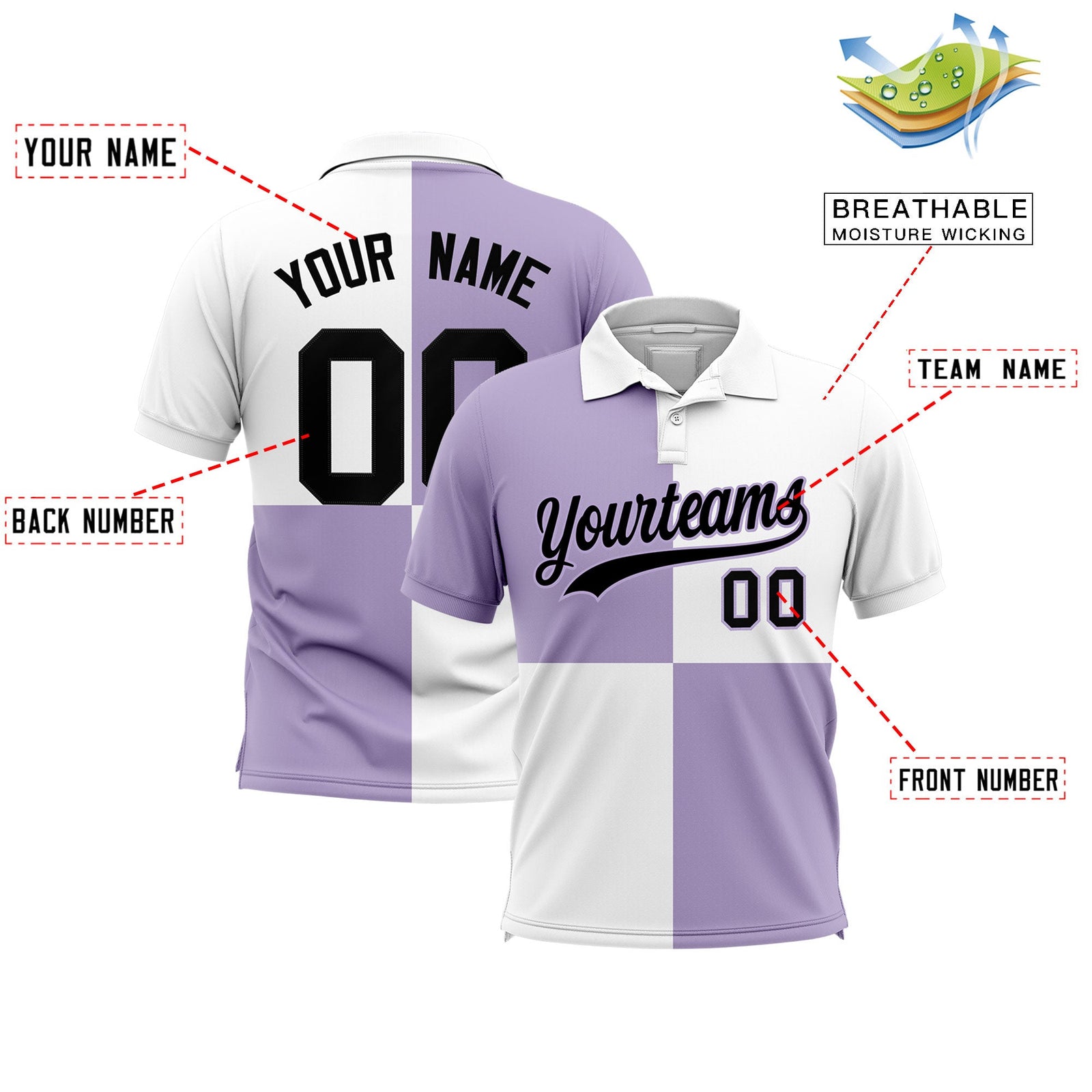 Custom Light Purple White Four Squares Design Performance Polo Shirt