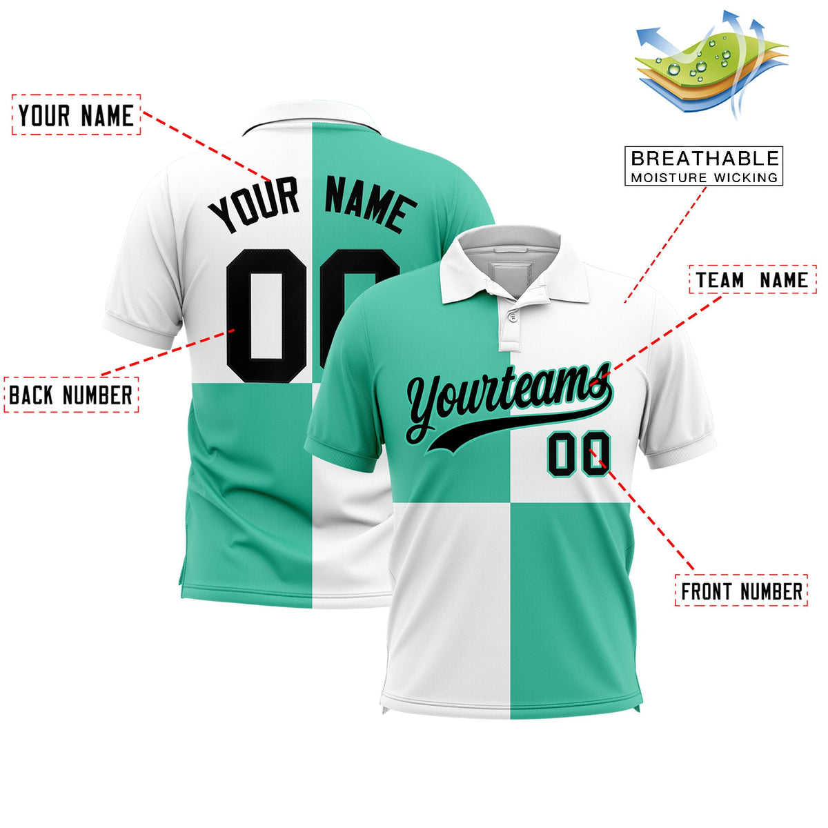 Custom Bright Green White Four Squares Design Performance Polo Shirt