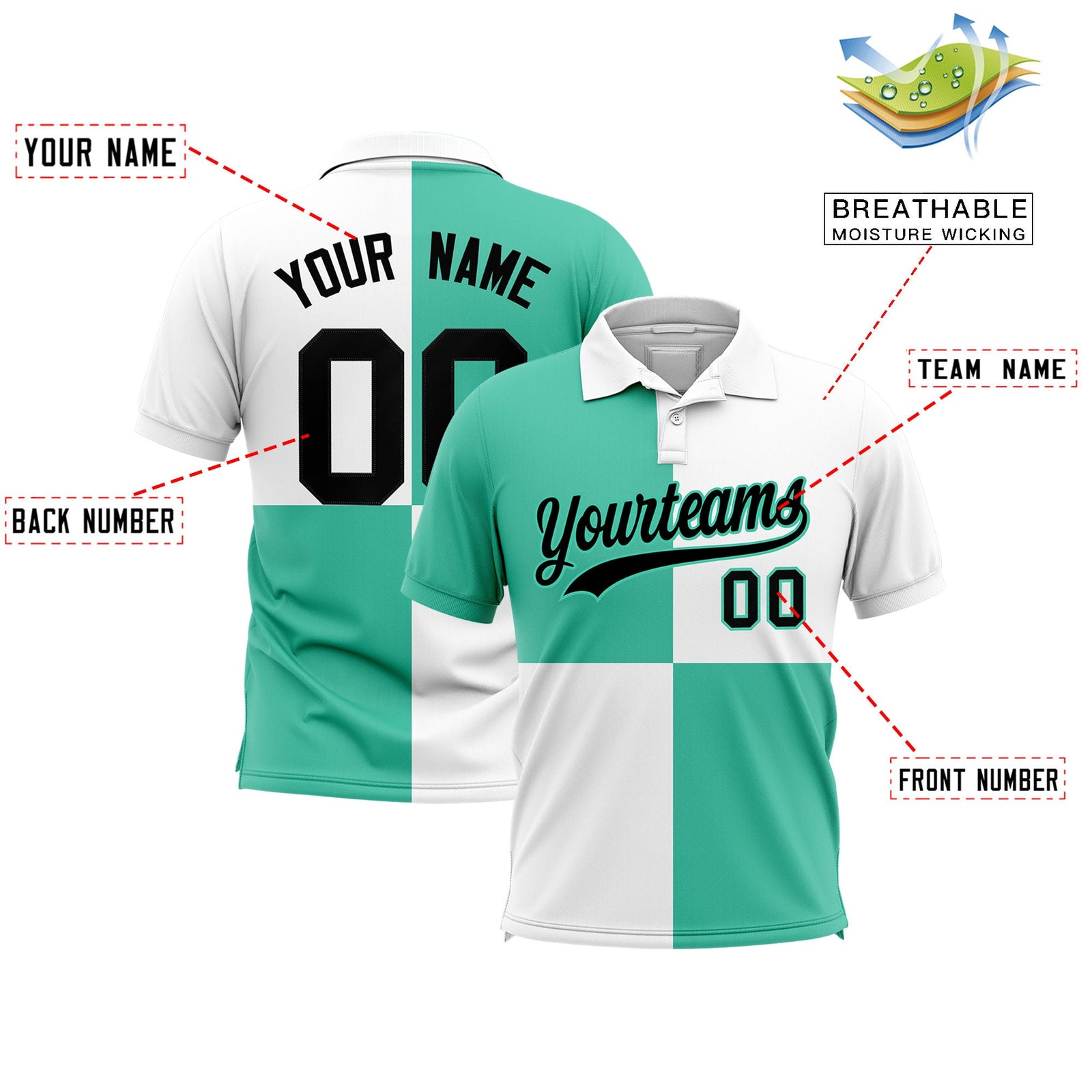 Custom Bright Green White Four Squares Design Performance Polo Shirt