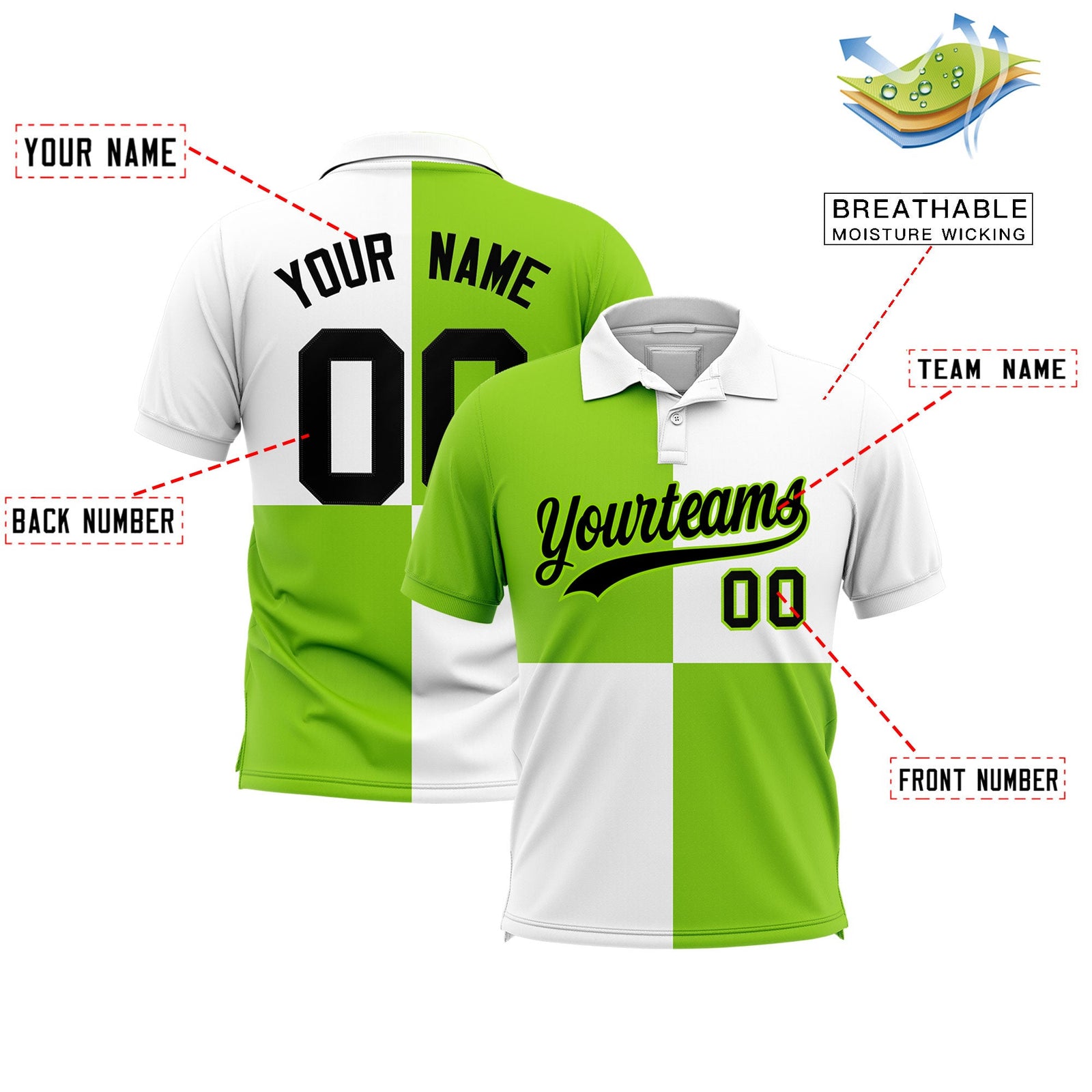 Custom Neon Green White Four Squares Design Performance Polo Shirt