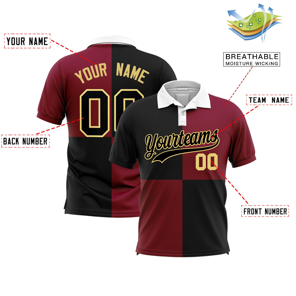 Custom Black Crimson Four Squares Design Performance Polo Shirt