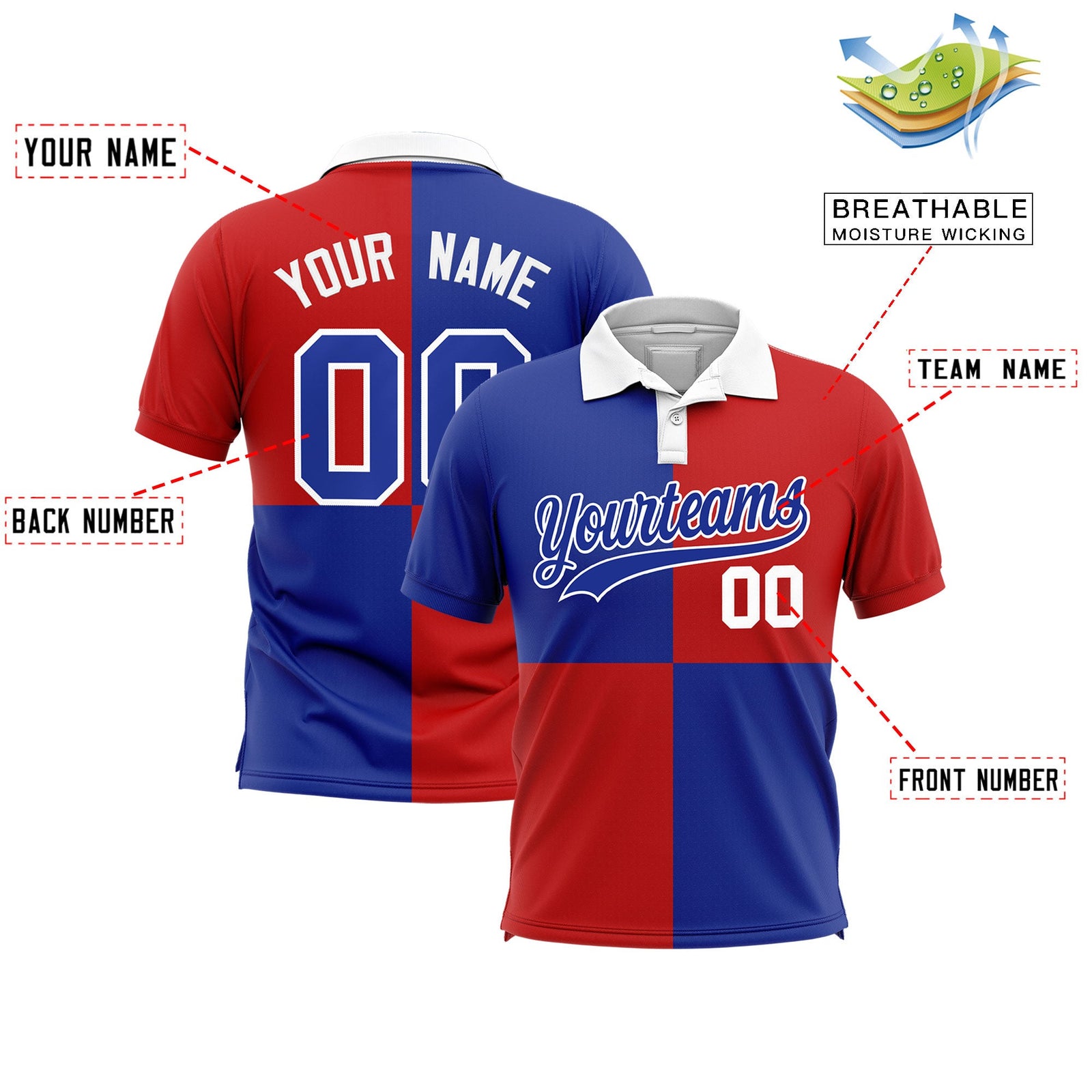 Custom Royal Red Four Squares Design Performance Polo Shirt