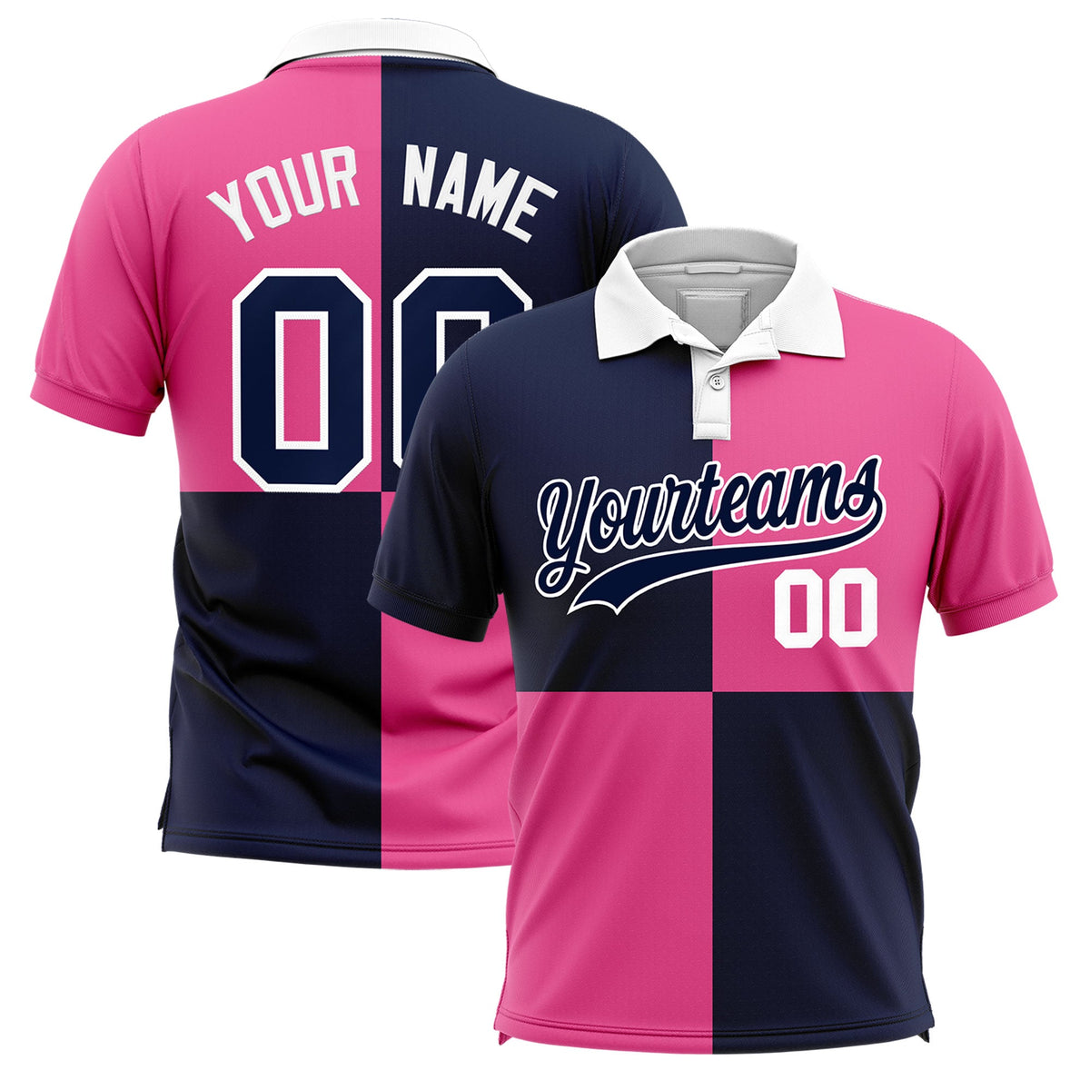 Custom Navy Pink Four Squares Design Performance Polo Shirt
