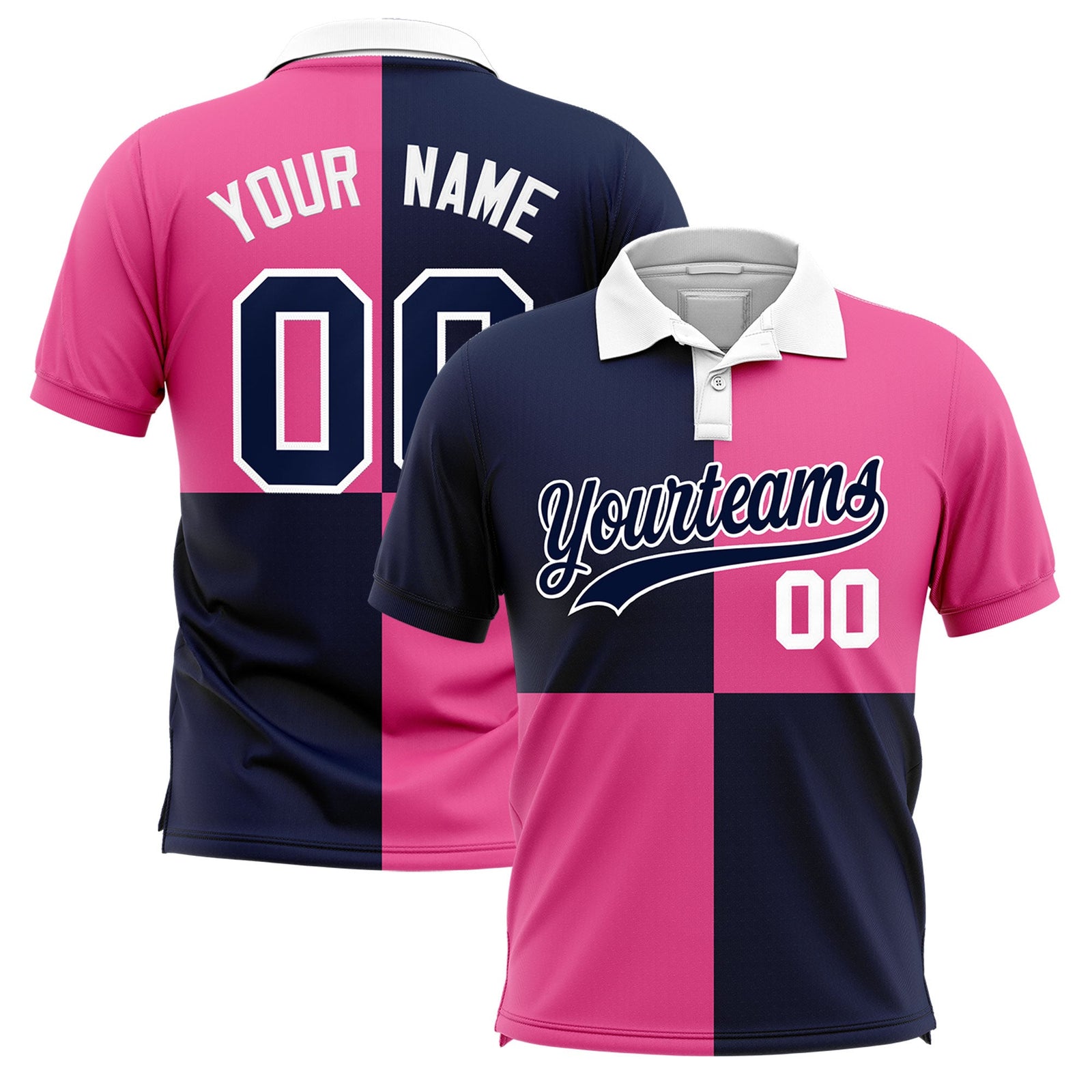 Custom Navy Pink Four Squares Design Performance Polo Shirt