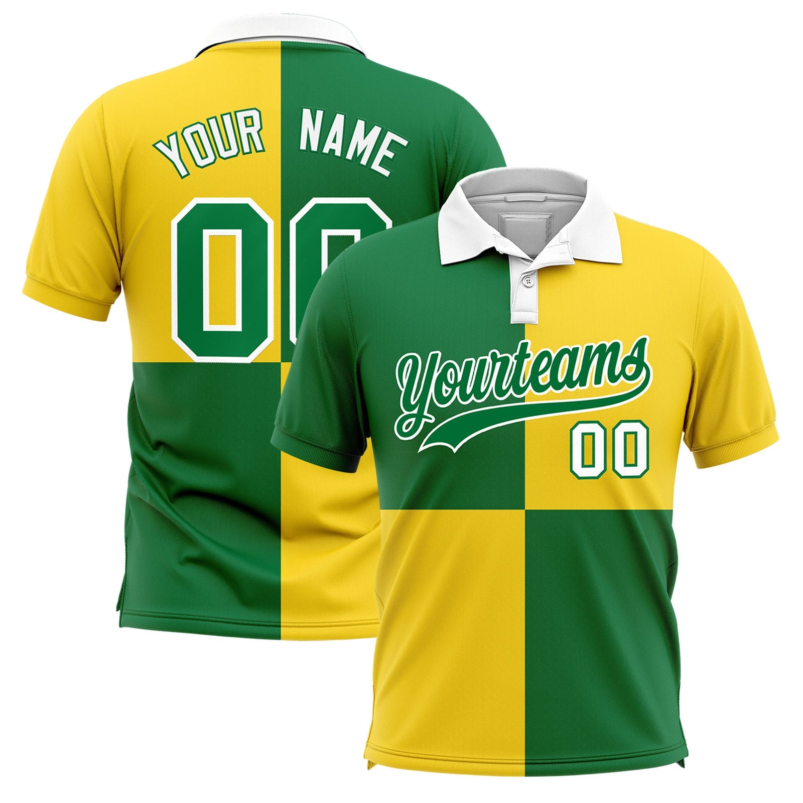 Custom Kelly Green Gold Four Squares Design Performance Polo Shirt