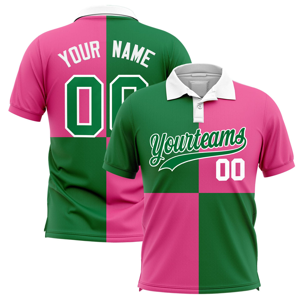 Custom Kelly Green Pink Four Squares Design Performance Polo Shirt