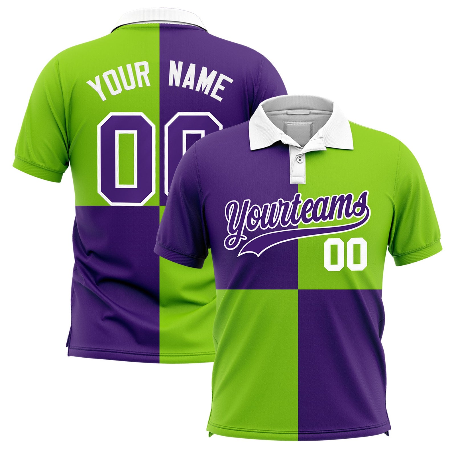 Custom Purple Neon Green Four Squares Design Performance Polo Shirt