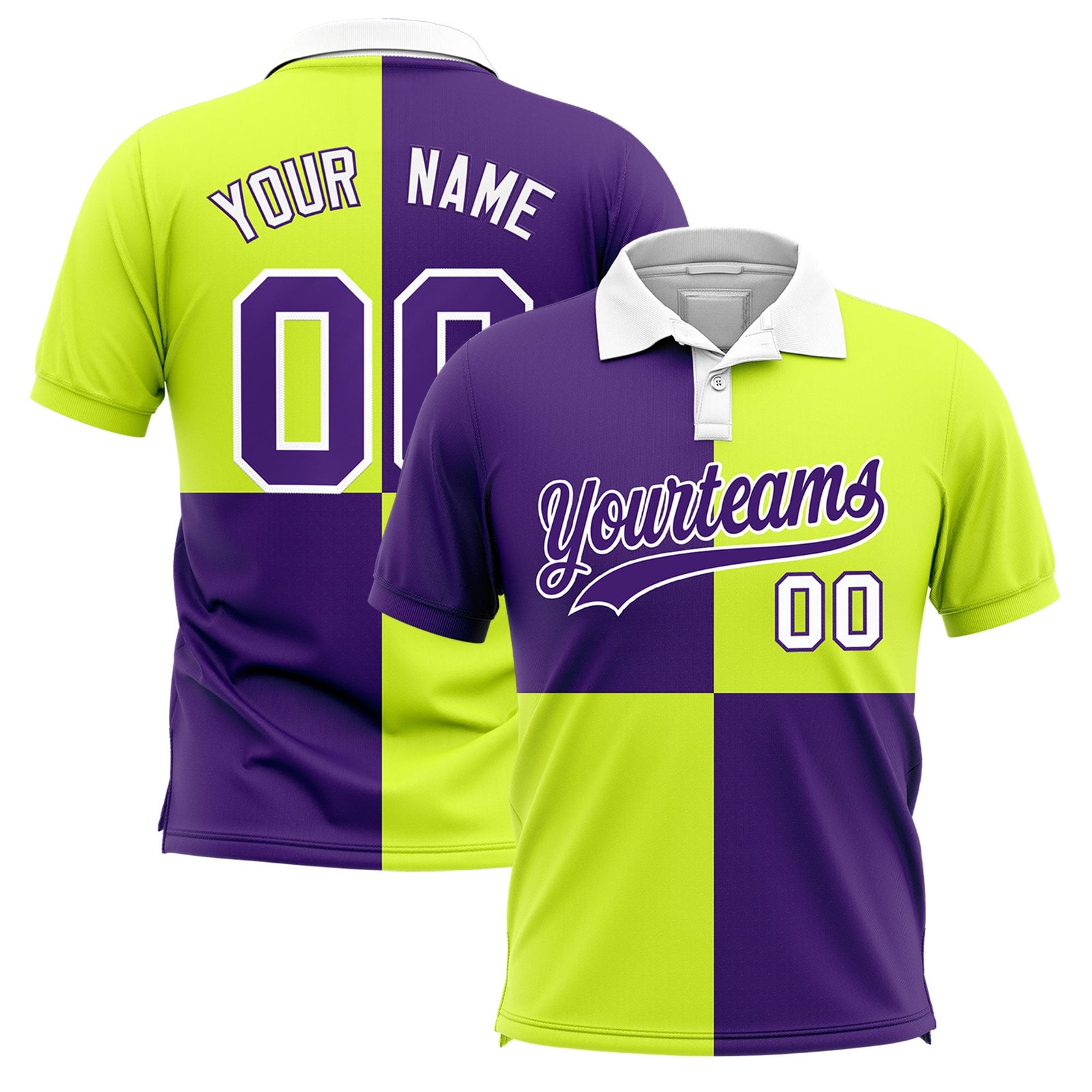Custom Purple Fluorescent Green Four Squares Design Performance Polo Shirt