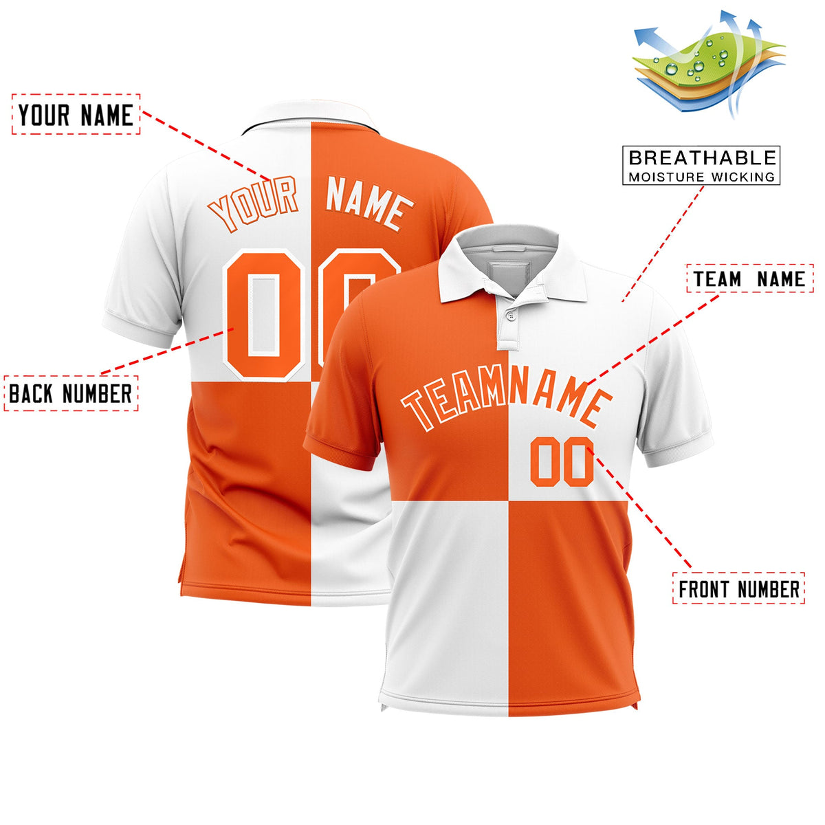 Custom White Orange Four Squares Design Performance Polo Shirt
