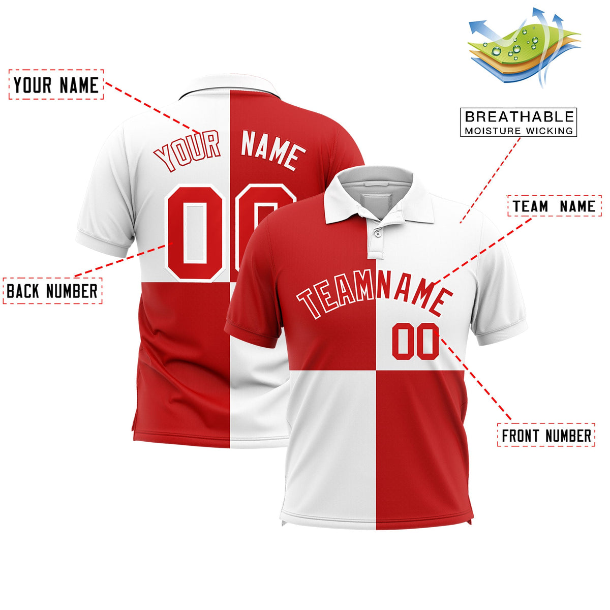 Custom White Red Four Squares Design Performance Polo Shirt