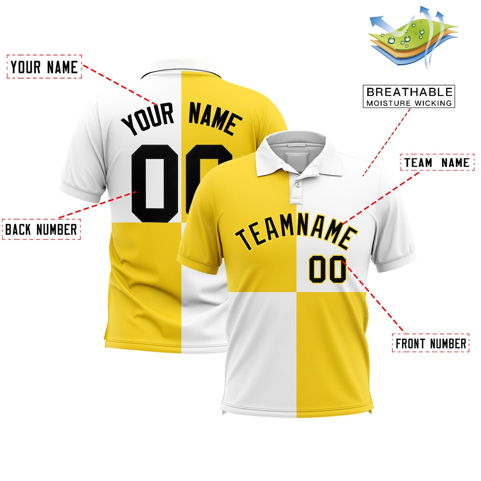 Custom Gold White Four Squares Design Performance Polo Shirt