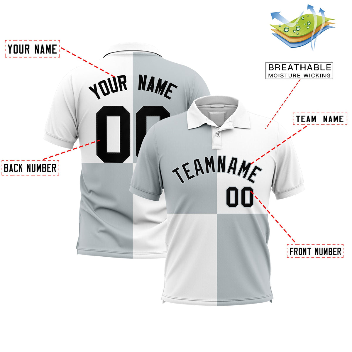 Custom Silver White Four Squares Design Performance Polo Shirt