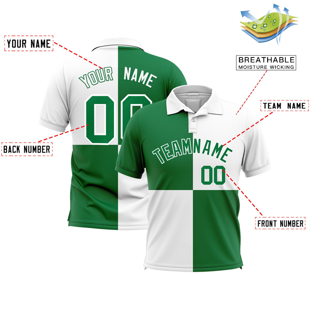 Custom Kelly Green White Four Squares Design Performance Polo Shirt