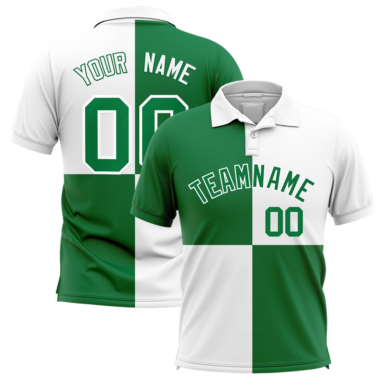 Custom Kelly Green White Four Squares Design Performance Polo Shirt