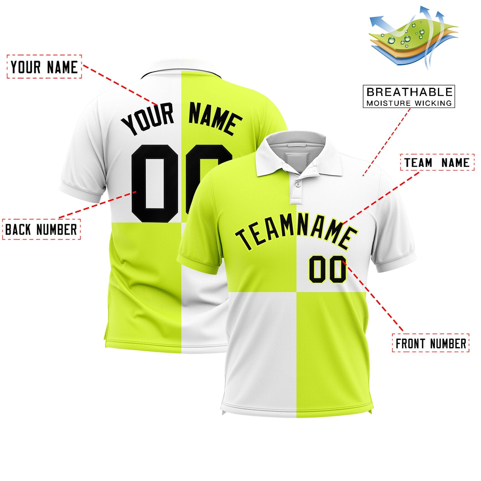 Custom Fluorescent Green White Four Squares Design Performance Polo Shirt