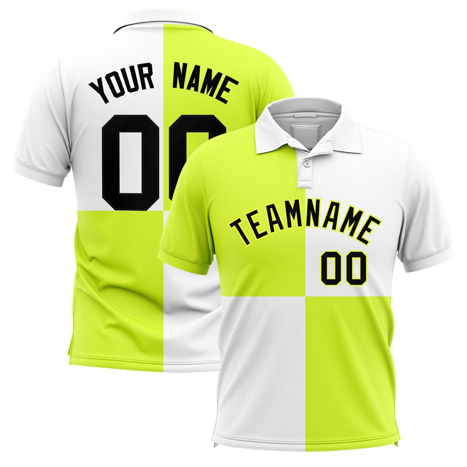 Custom Fluorescent Green White Four Squares Design Performance Polo Shirt