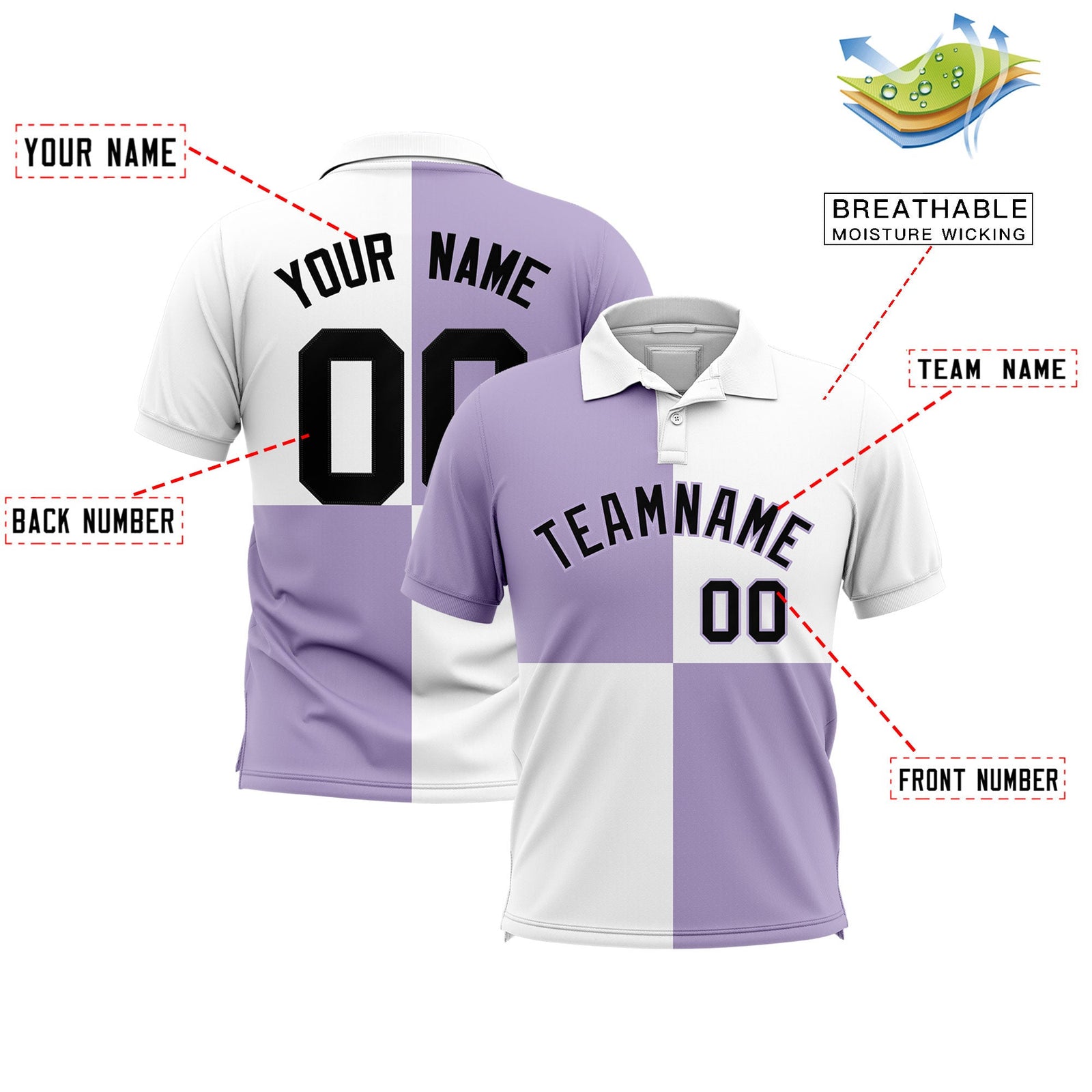 Custom Light Purple White Four Squares Design Performance Polo Shirt