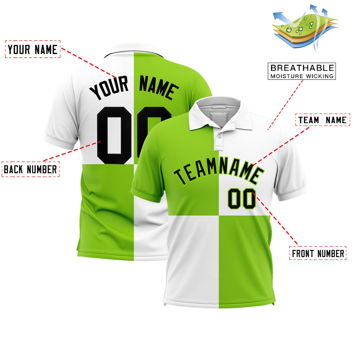 Custom Neon Green White Four Squares Design Performance Polo Shirt