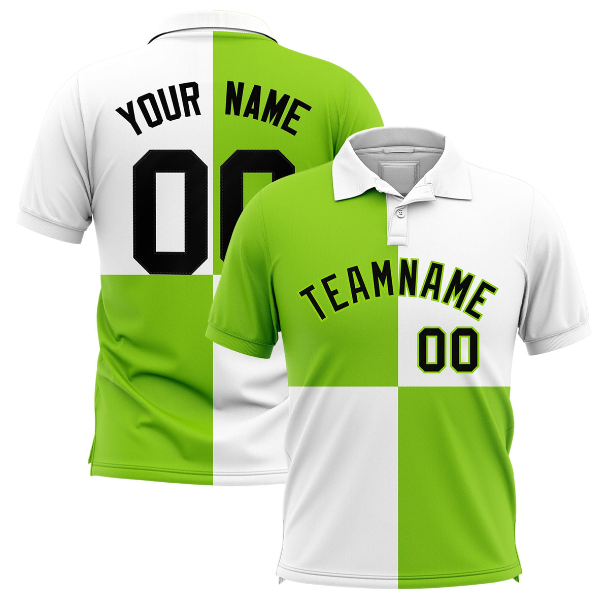 Custom Neon Green White Four Squares Design Performance Polo Shirt