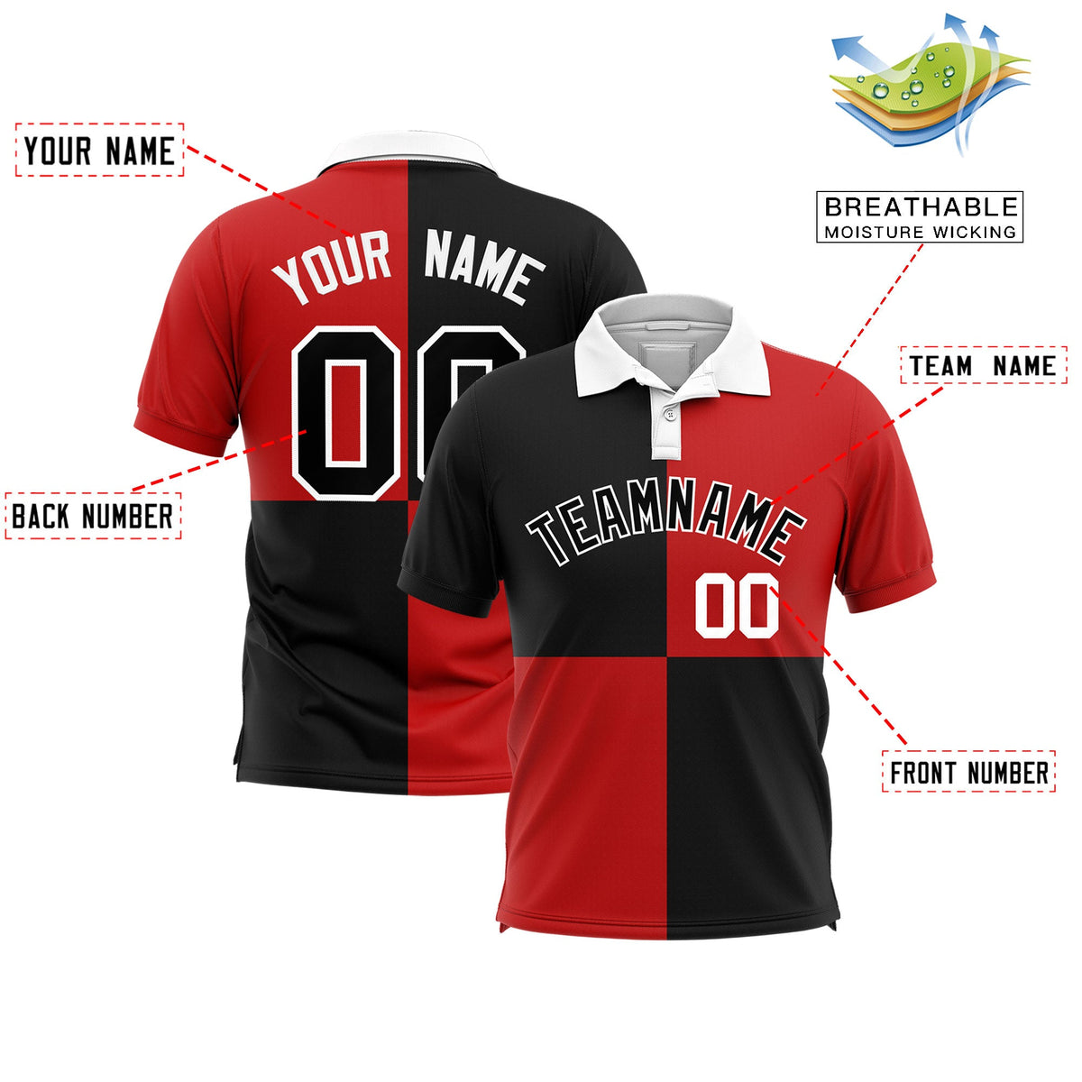 Custom Black Red Four Squares Design Performance Polo Shirt