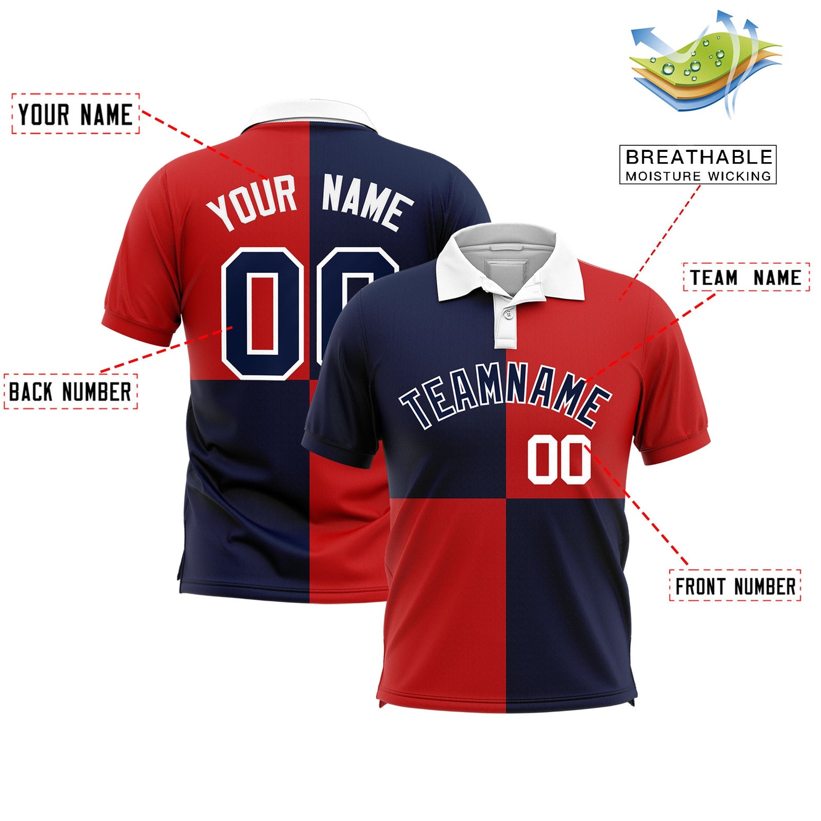 Custom Navy Red Four Squares Design Performance Polo Shirt