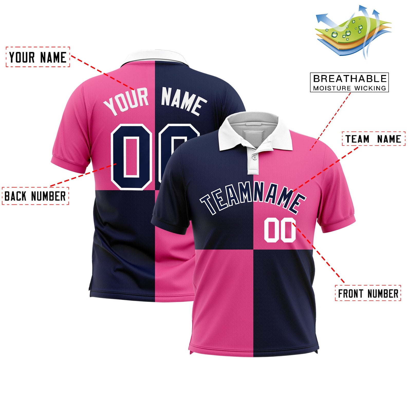 Custom Navy Pink Four Squares Design Performance Polo Shirt