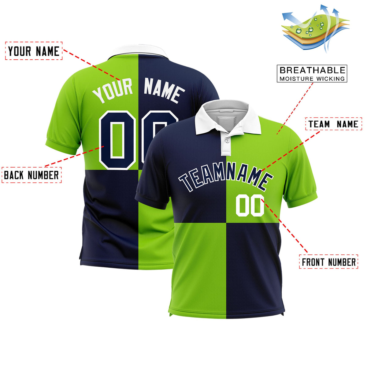 Custom Navy Neon Green Four Squares Design Performance Polo Shirt