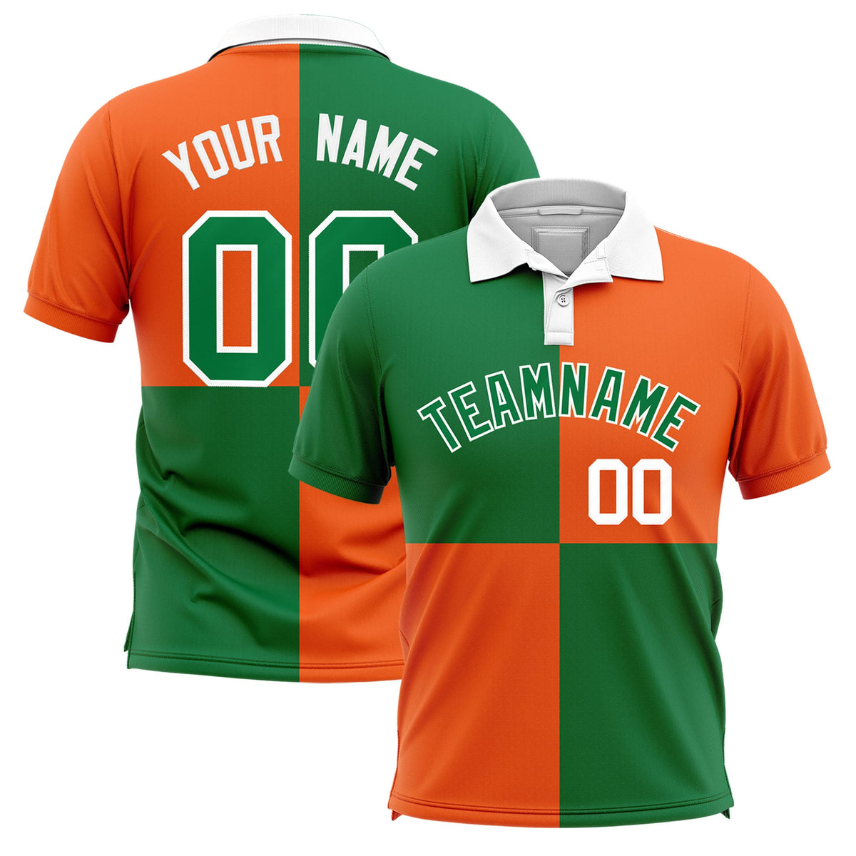 Custom Kelly Green Orange Four Squares Design Performance Polo Shirt