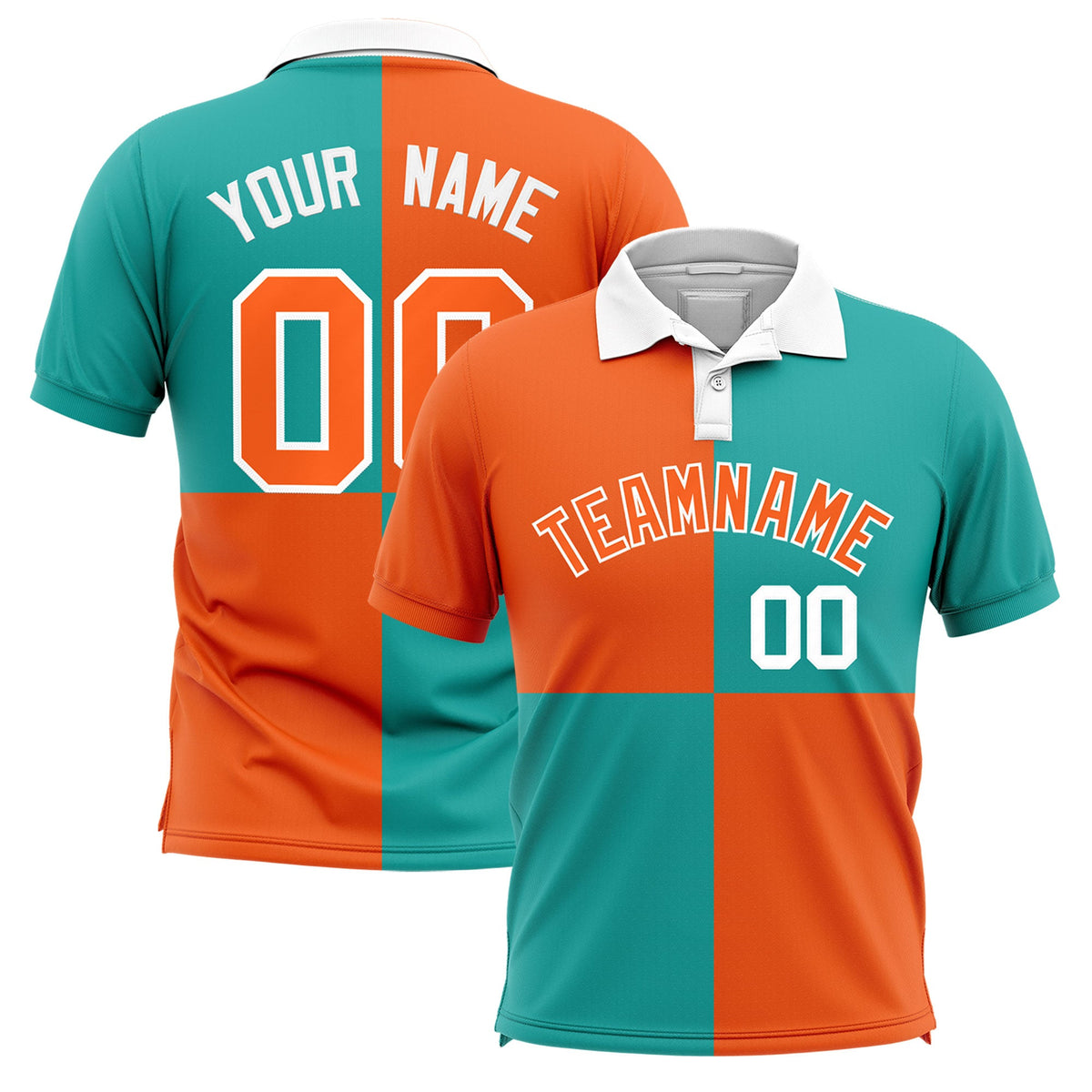 Custom Orange Aqua Four Squares Design Performance Polo Shirt