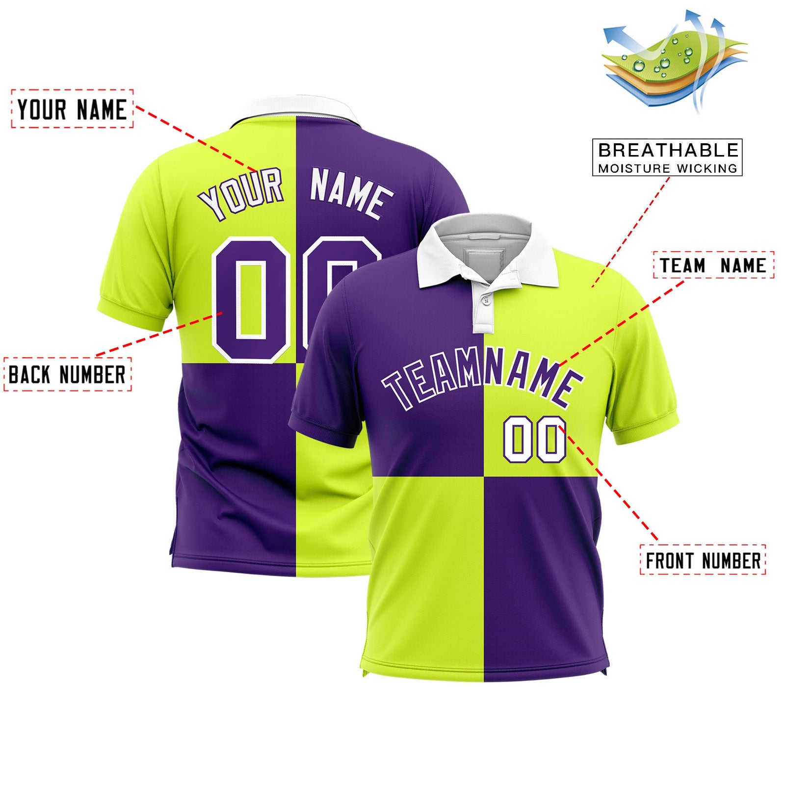 Custom Purple Fluorescent Green Four Squares Design Performance Polo Shirt