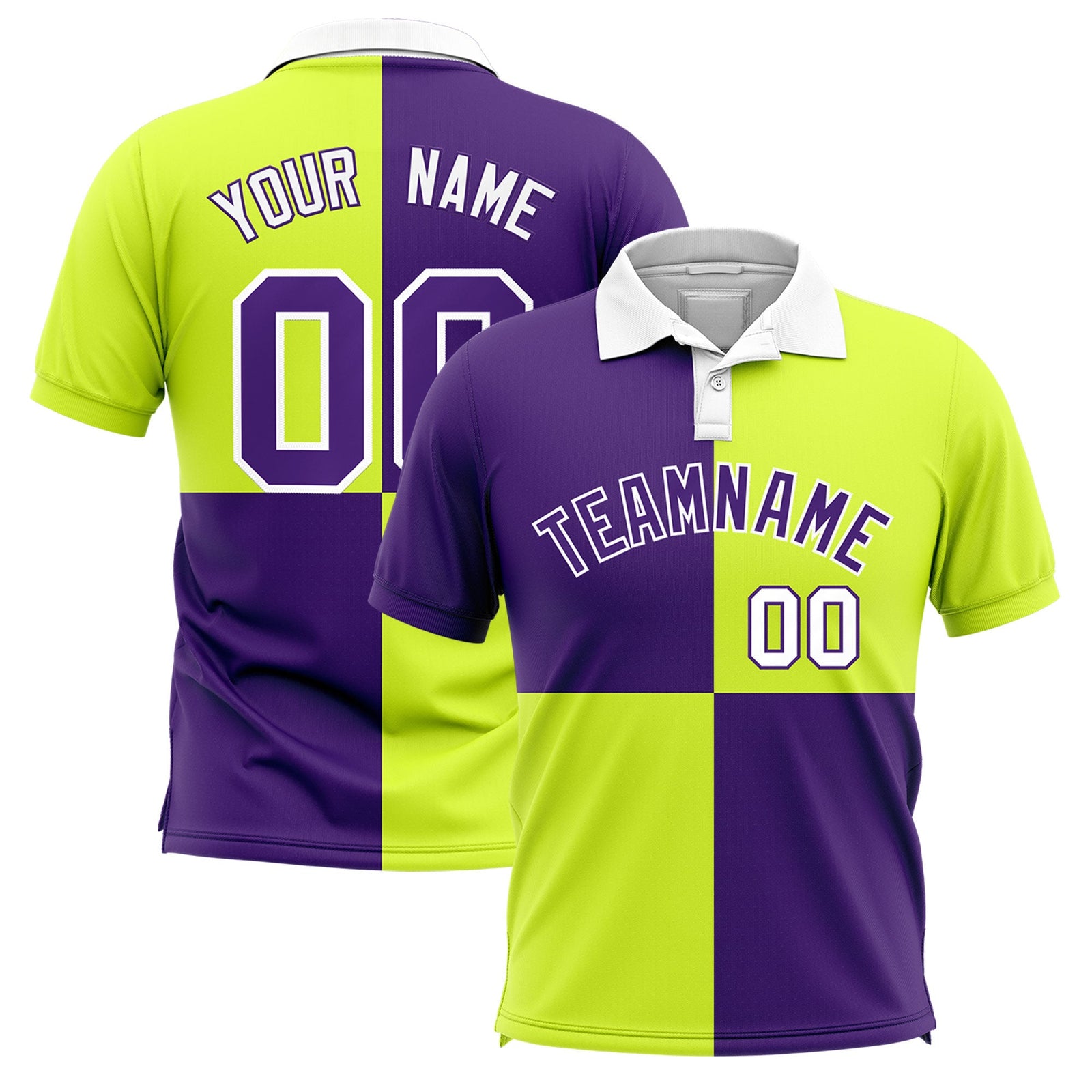 Custom Purple Fluorescent Green Four Squares Design Performance Polo Shirt