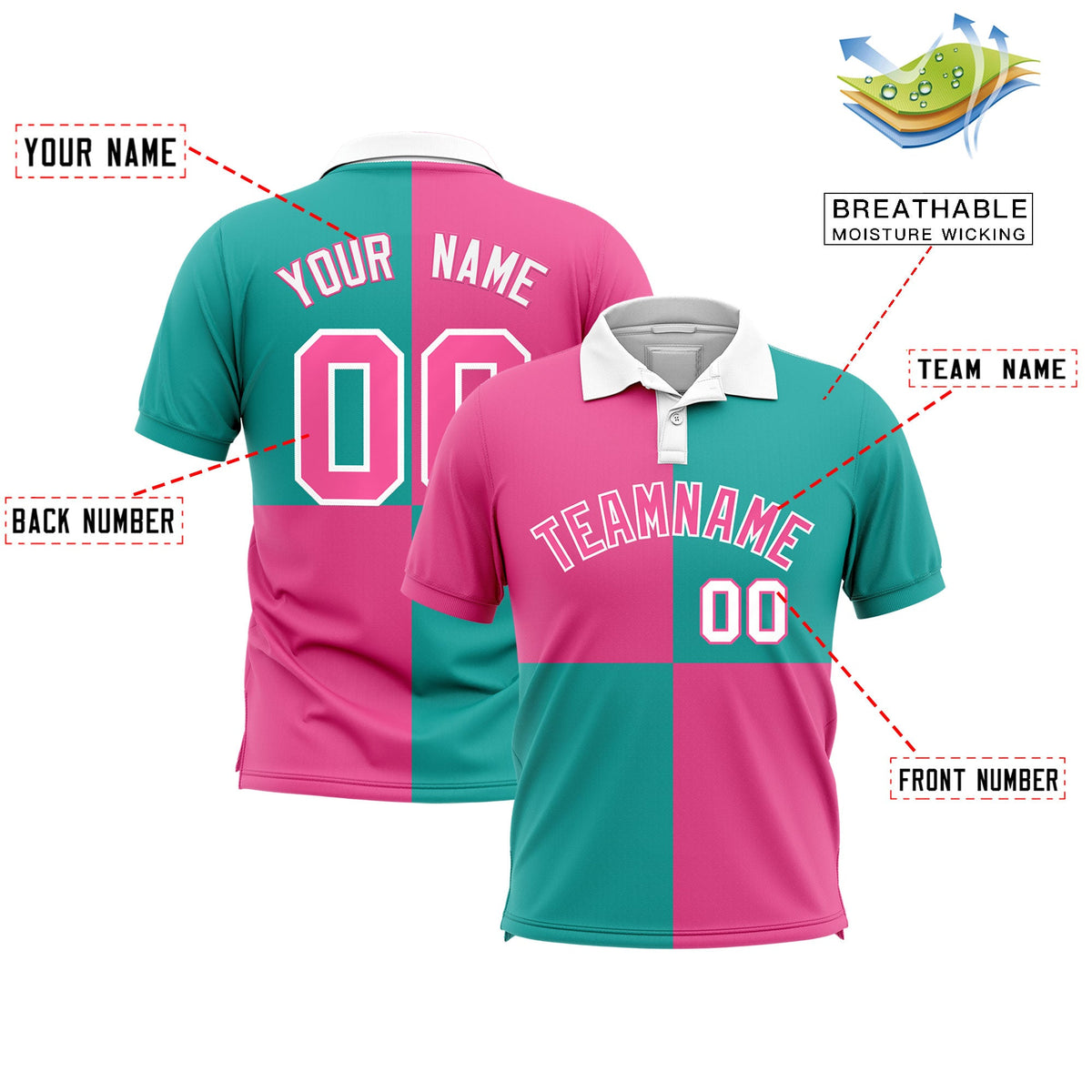 Custom Purple Aqua Four Squares Design Performance Polo Shirt