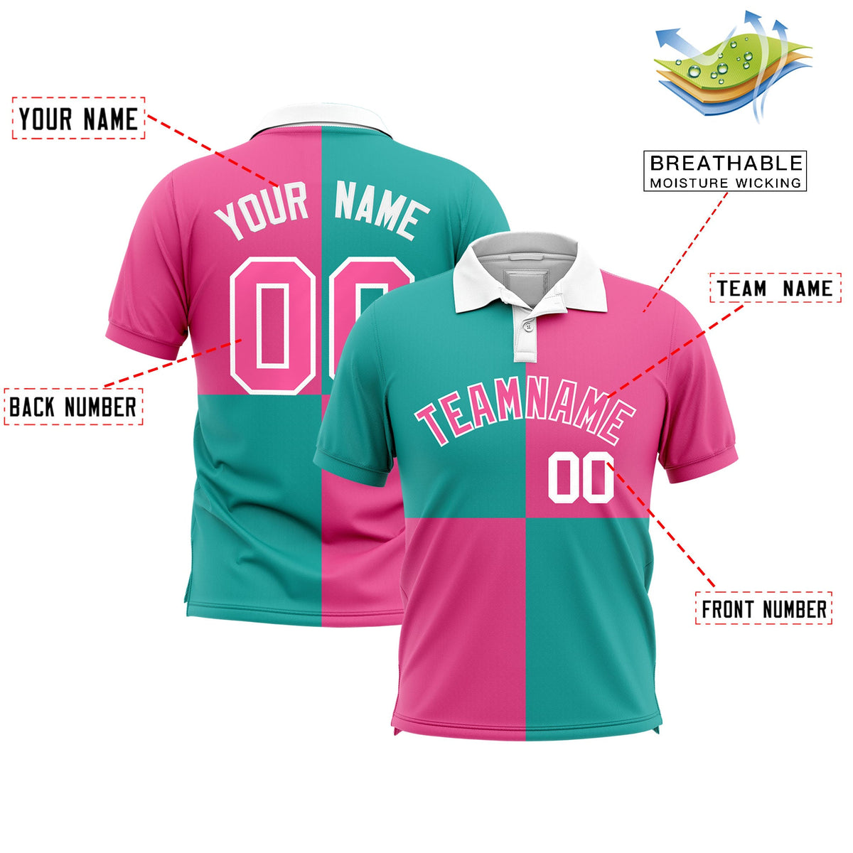 Custom Aqua Pink Four Squares Design Performance Polo Shirt