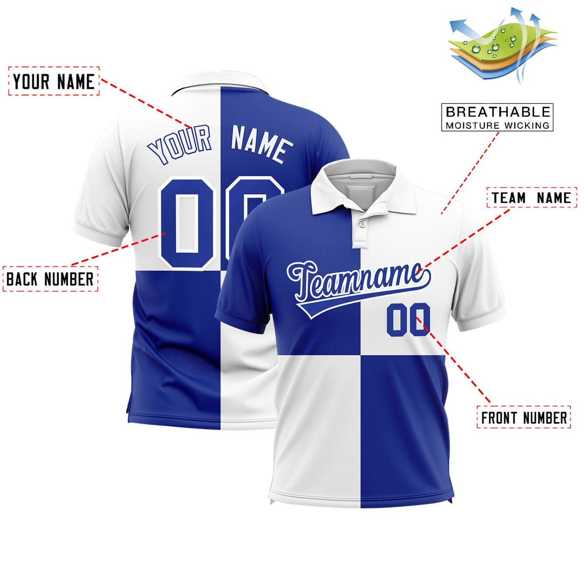 Custom White Royal Four Squares Design Performance Polo Shirt