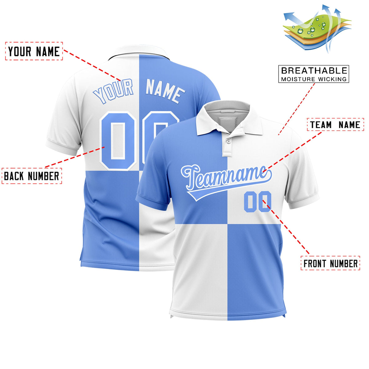 Custom Light Blue White Four Squares Design Performance Polo Shirt