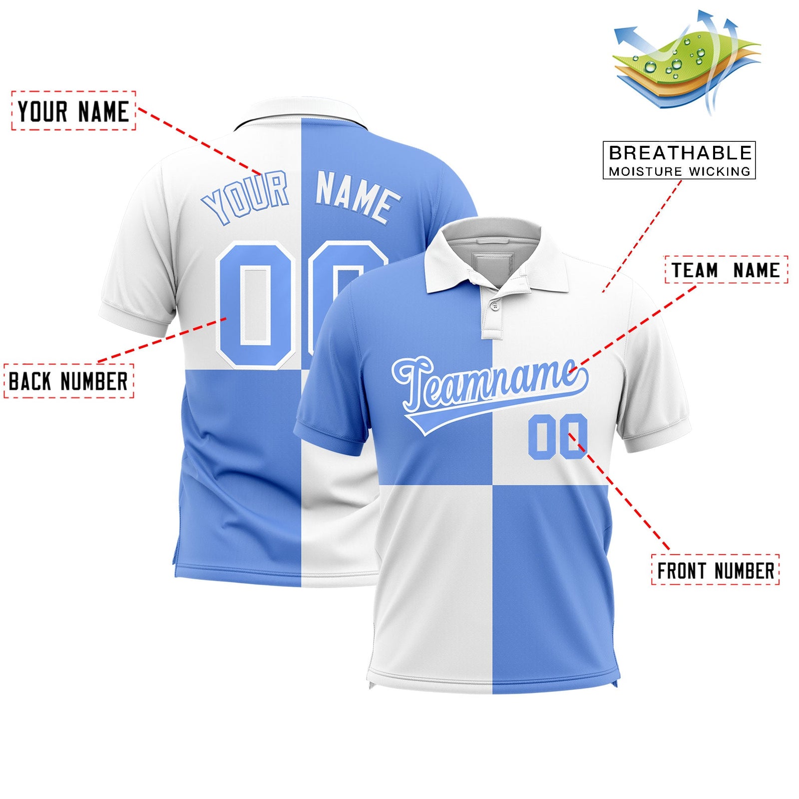 Custom Light Blue White Four Squares Design Performance Polo Shirt