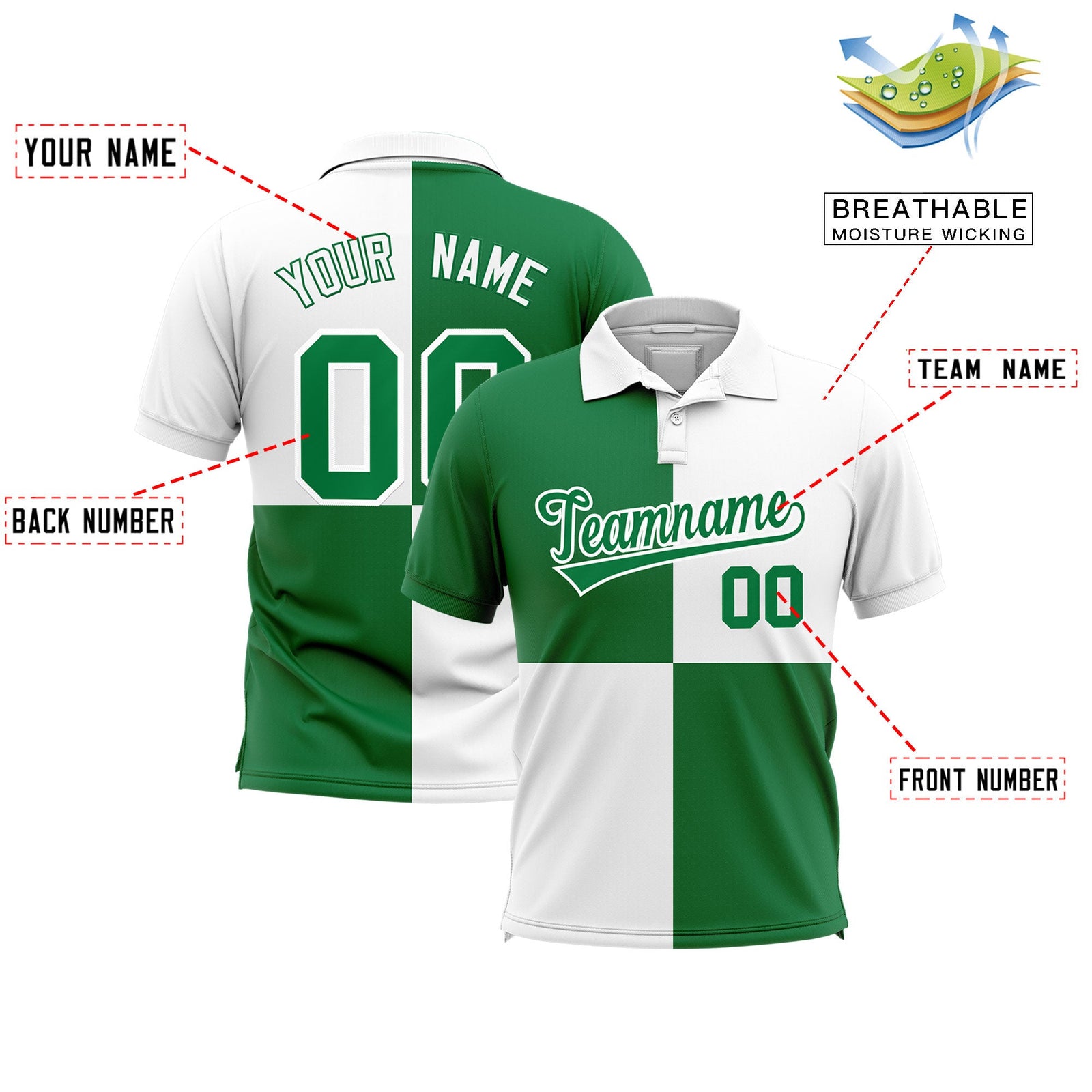 Custom Kelly Green White Four Squares Design Performance Polo Shirt