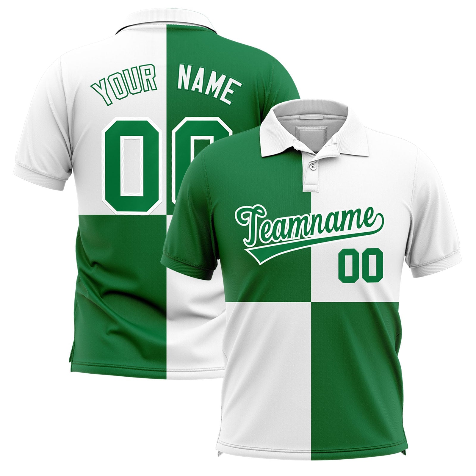 Custom Kelly Green White Four Squares Design Performance Polo Shirt