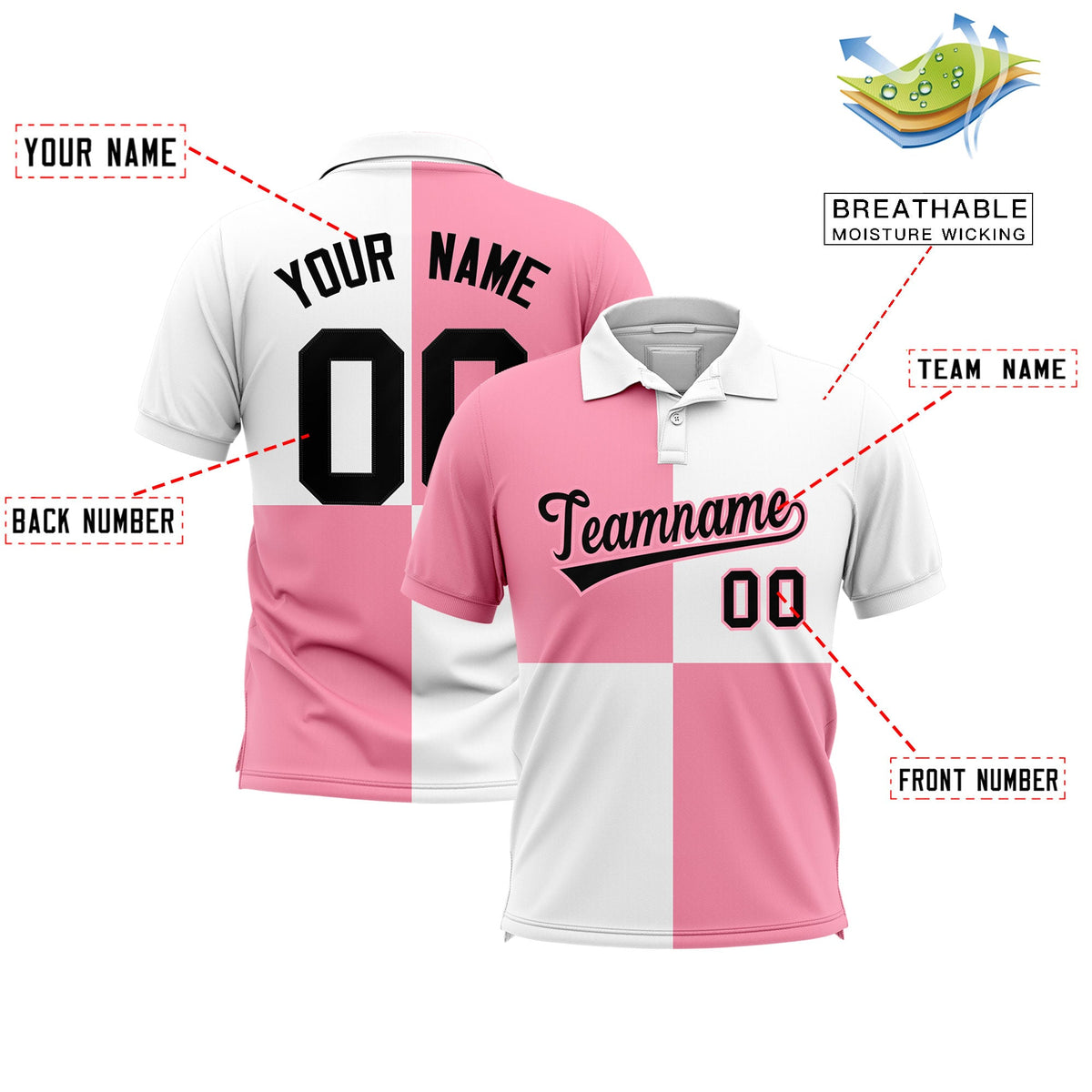 Custom Light Pink White Four Squares Design Performance Polo Shirt