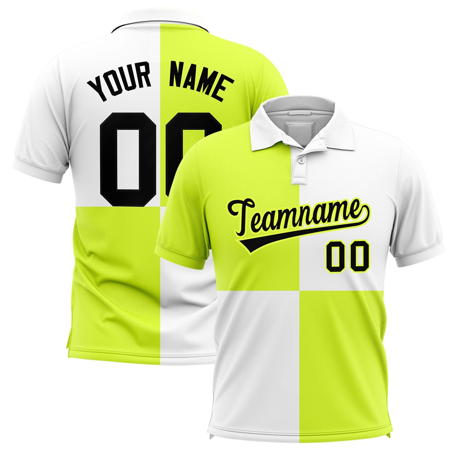 Custom Fluorescent Green White Four Squares Design Performance Polo Shirt